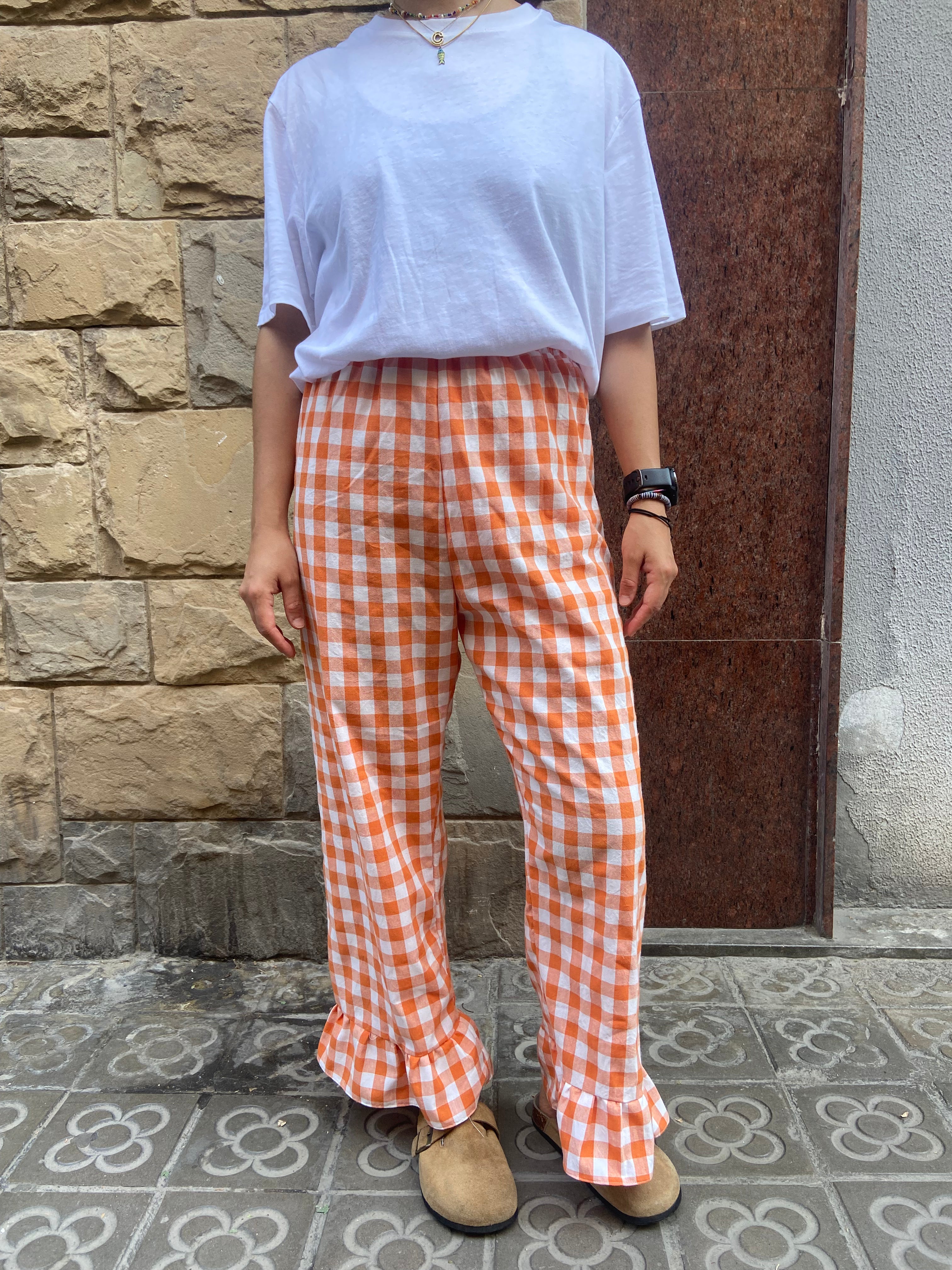 Pantalón Cuadros con volantes Naranja