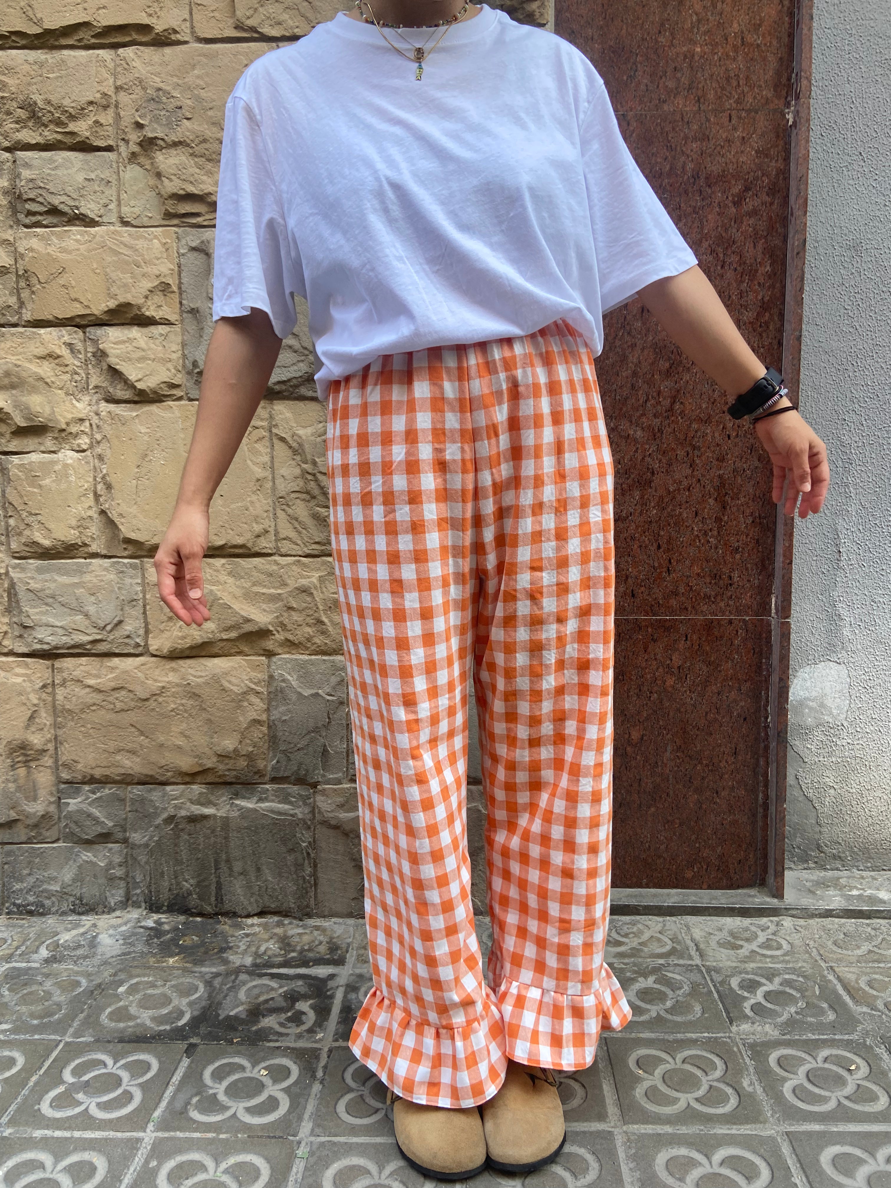 Pantalón Cuadros con volantes Naranja