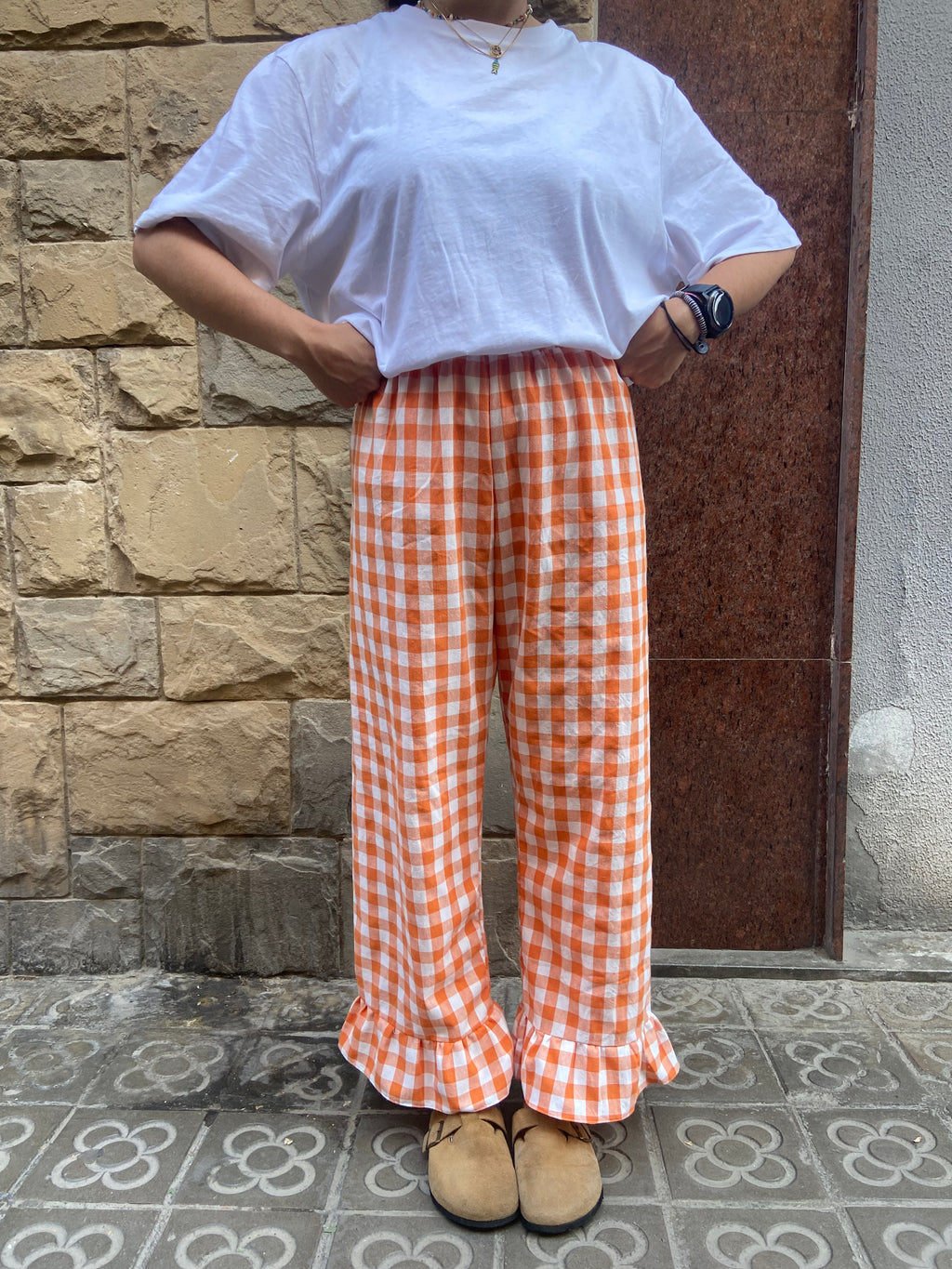 Pantalón Cuadros con volantes Naranja