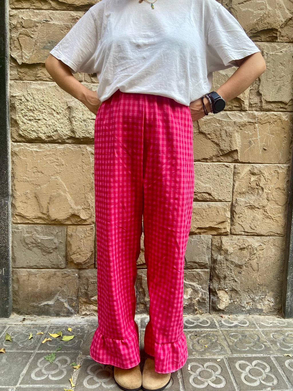 Pantalón Cuadros con volantes Fucsia