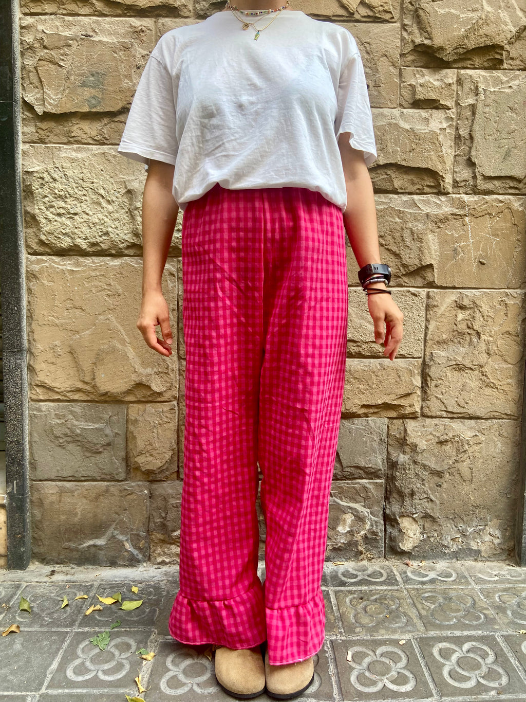 Pantalón Cuadros con volantes Fucsia