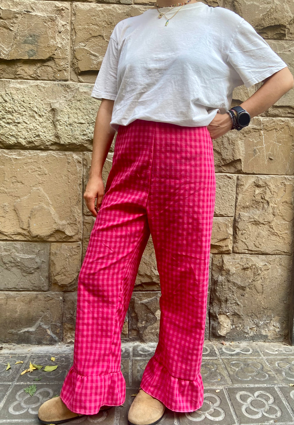 Pantalón Cuadros con volantes Fucsia