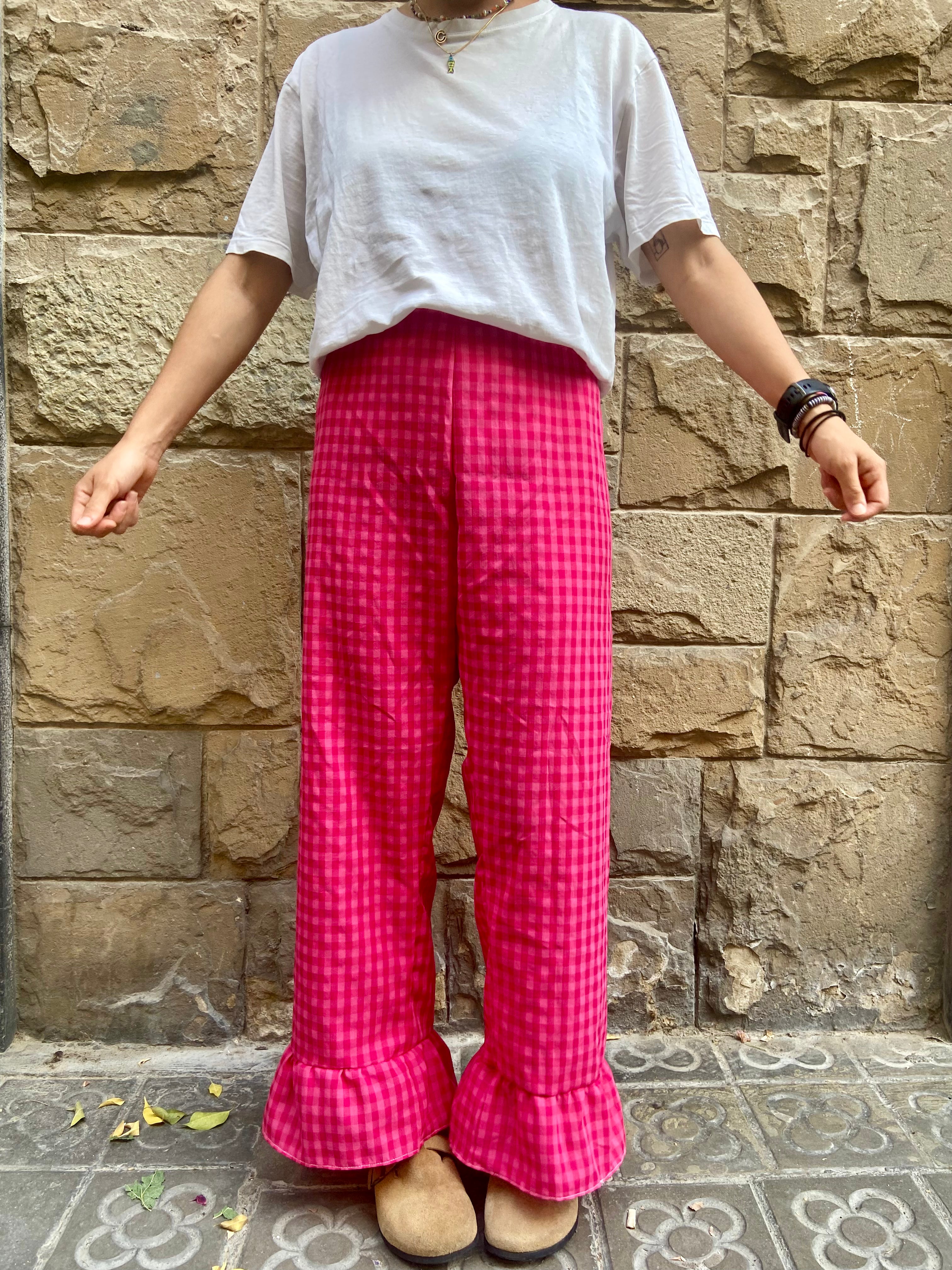 Pantalón Cuadros con volantes Fucsia