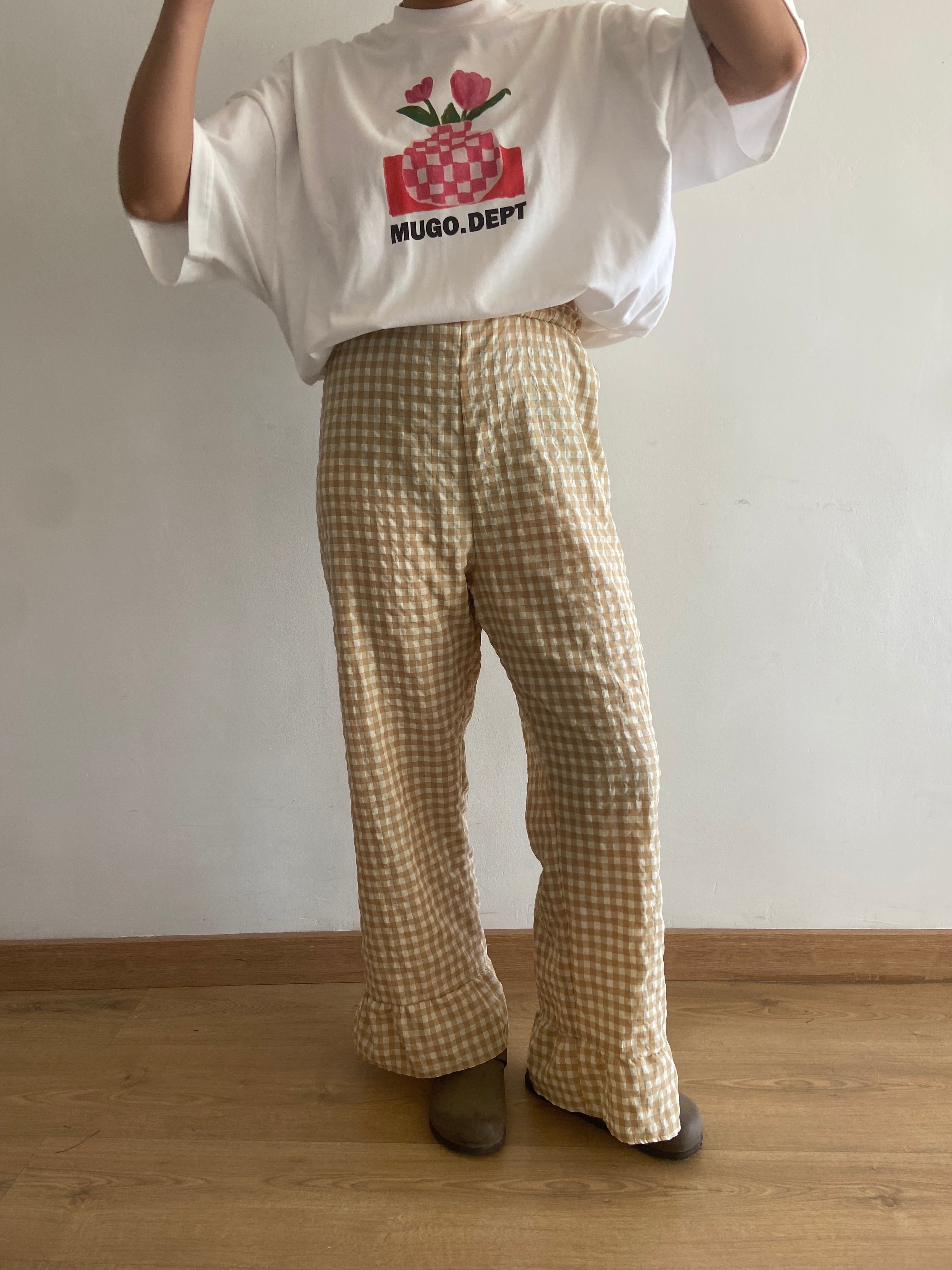 Pantalón Cuadros con volantes Beige y Blanco