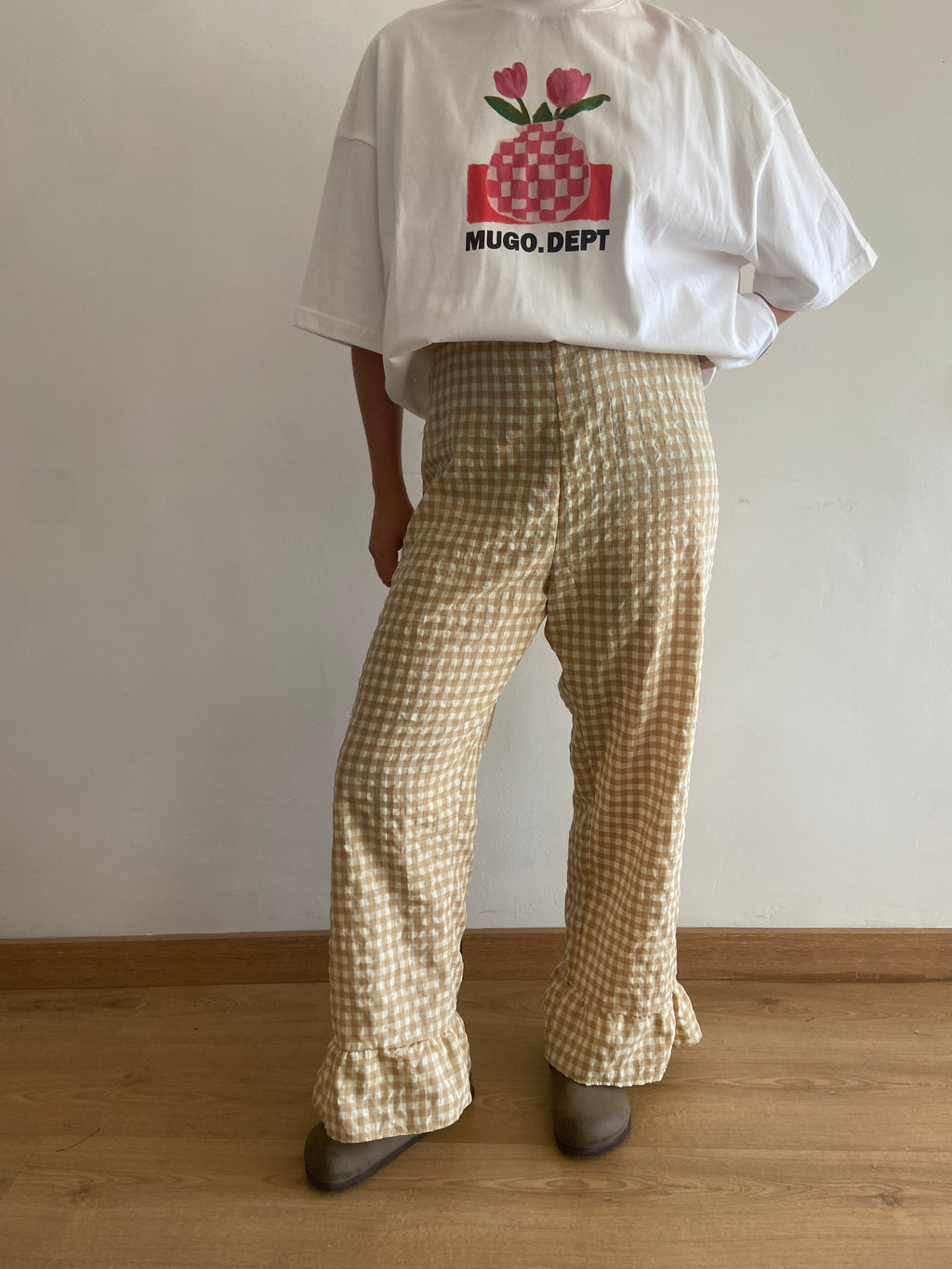 Pantalón Cuadros con volantes Beige y Blanco