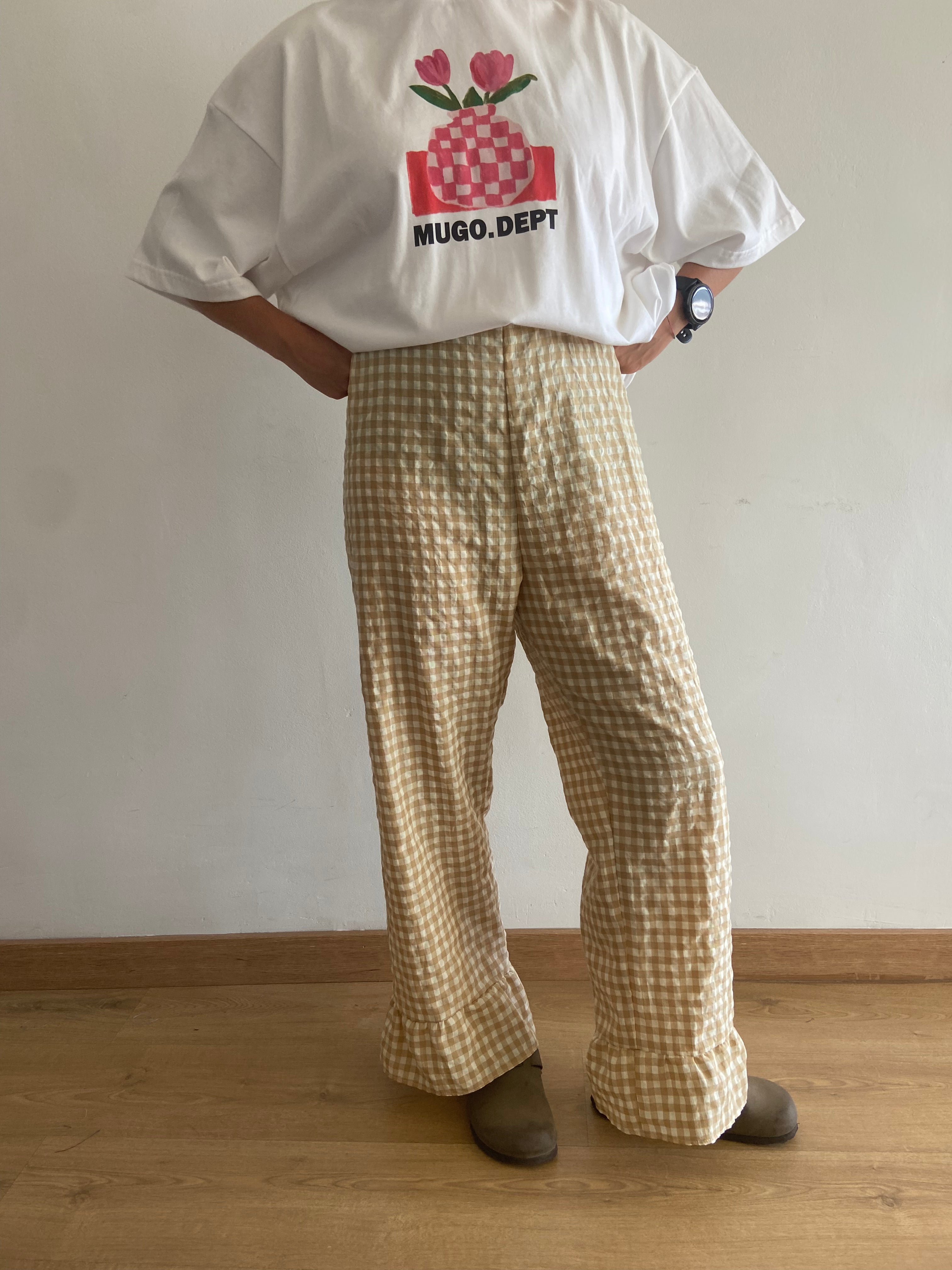 Pantalón Cuadros con volantes Beige y Blanco